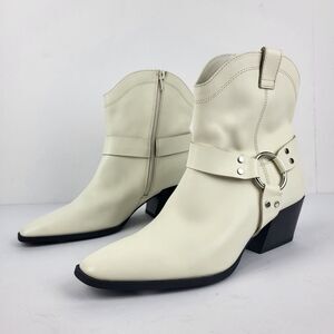 Open Edit Enzo Women's Leather Ankle Boot Ivory Western Bootie Size 8M